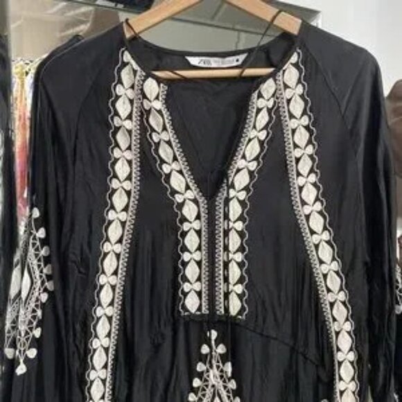 New With Tags!  ZARA  Black Maxi/Boho Dress with Cream Embroidery, Size M (NWT) - Picture 13 of 14